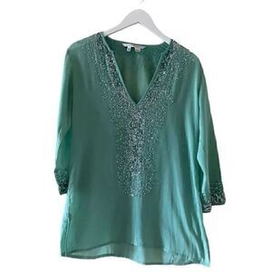 Zara Women’s Green V-Neck Embellished Cotton Long Sleeves Blouse SZ M #1163